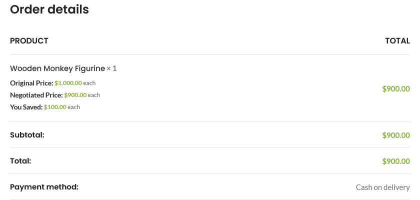 Order details with the deal rows