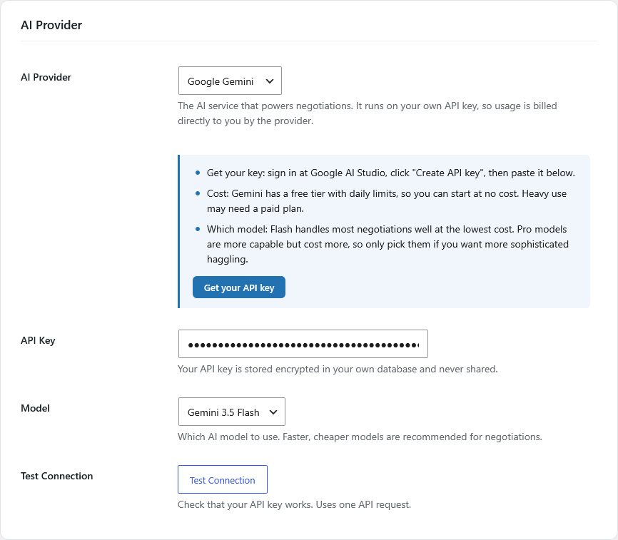 Settings: AI Provider tab with the guidance box and Test Connection
