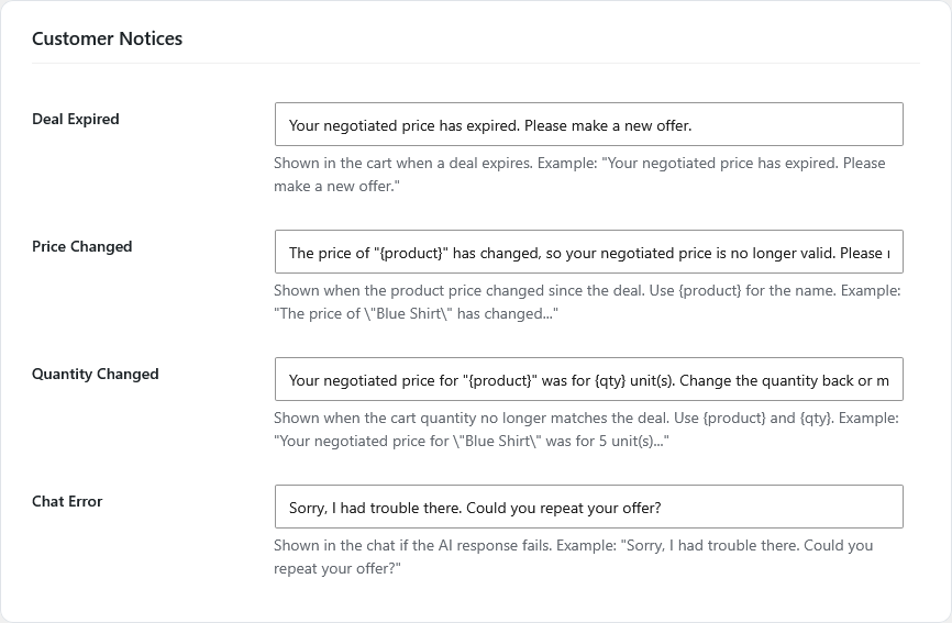 Settings: Customer Notices tab