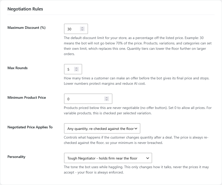 Settings: Negotiation Rules tab