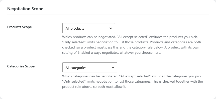 Settings: Scope tab with product and category selectors
