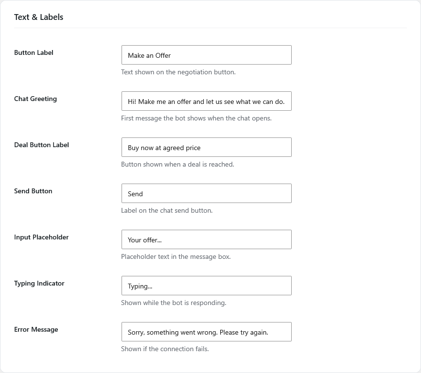Settings: Text and Labels tab