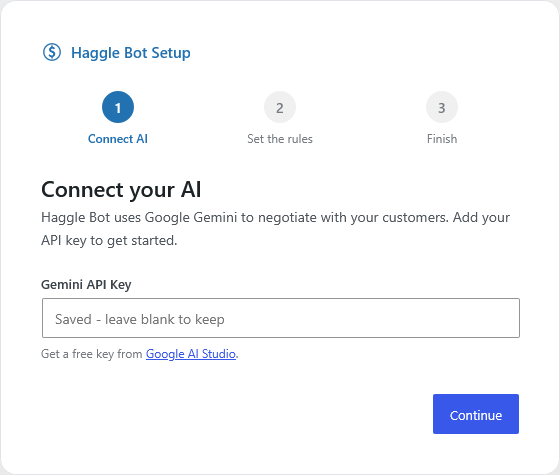 Setup wizard step 1: connect your Gemini API key