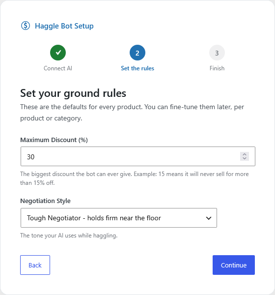 Setup wizard step 2: maximum discount and personality